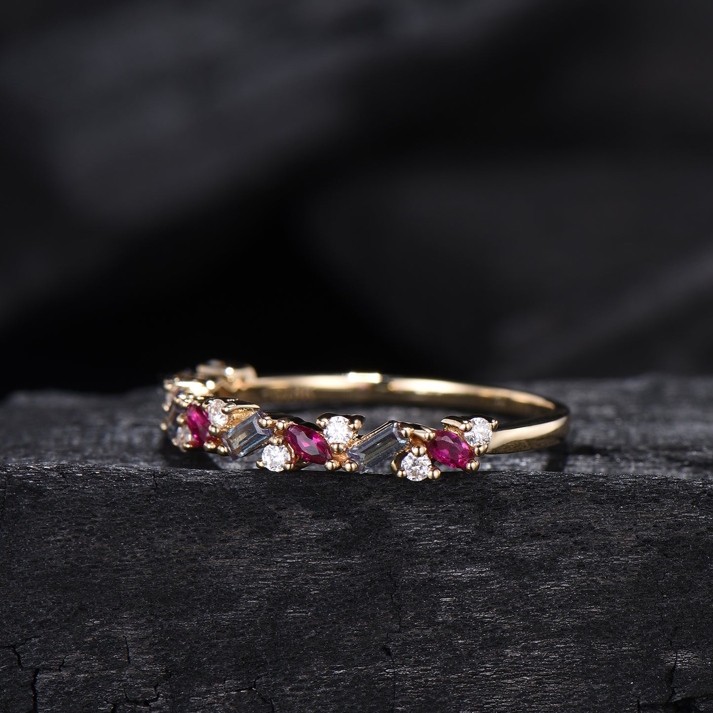 Vintage Alexandrite Ruby Eternity Wedding Band Women Unique Baguette Alexandrite Stackable Ring Marquise Ruby Matching Band Anniversary Gift