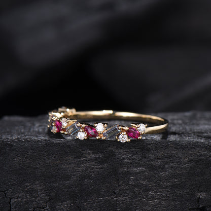 Vintage Alexandrite Ruby Eternity Wedding Band Women Unique Baguette Alexandrite Stackable Ring Marquise Ruby Matching Band Anniversary Gift