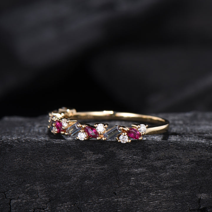 Vintage Alexandrite Ruby Eternity Wedding Band Women Unique Baguette Alexandrite Stackable Ring Marquise Ruby Matching Band Anniversary Gift
