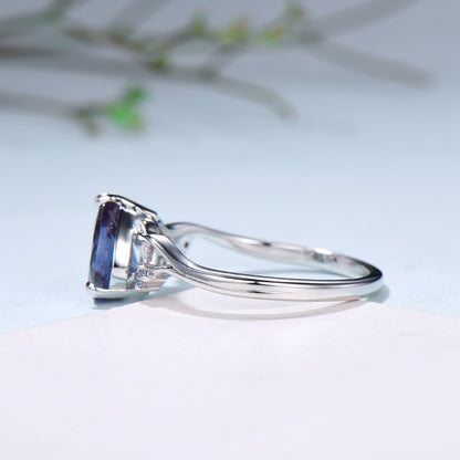 Unique Pear Shaped Firework Cut Alexandrite Engagement Ring, Nature Inspired Leaf Twig Gold Ring - PENFINE