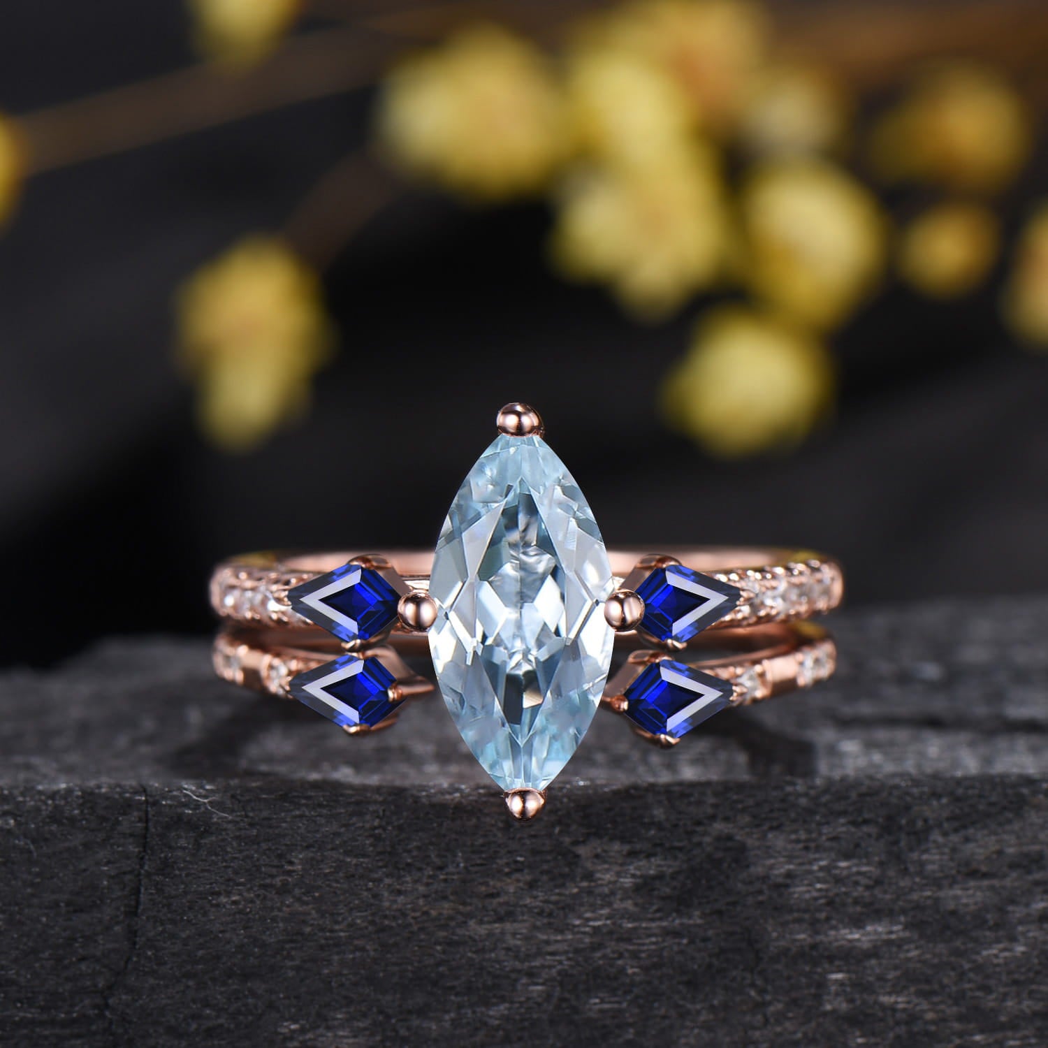 1CT Marquise Cut Natural Aquamarine Engagement Ring Set, March Birthstone Sapphire Wedding Ring Set