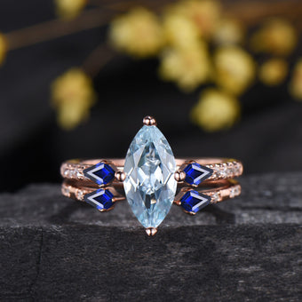 1CT Marquise Cut Natural Aquamarine Engagement Ring Set, March Birthstone Sapphire Wedding Ring Set