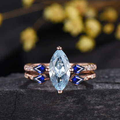 1CT Marquise Cut Natural Aquamarine Engagement Ring Set, March Birthstone Sapphire Wedding Ring Set