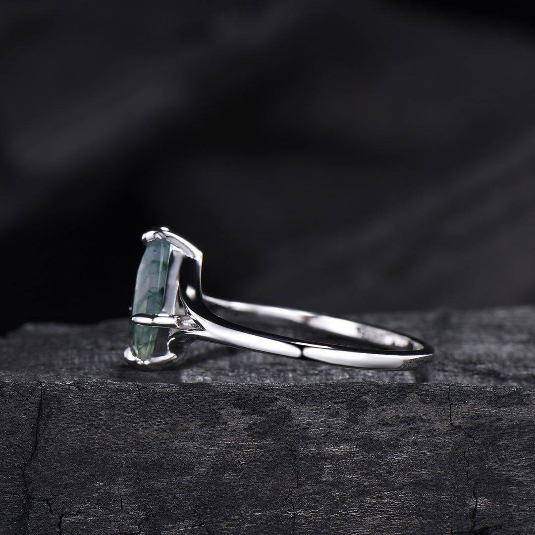 Kite Cut Moss Agate Engagement Ring | Split Shank Minimalist Promise Ring