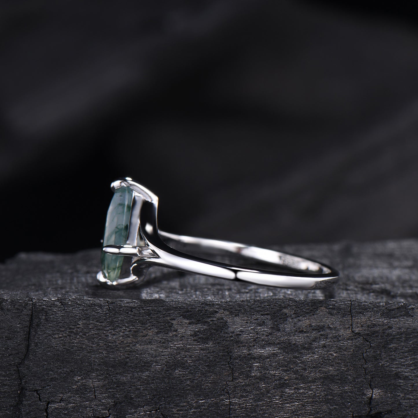 Kite Cut Moss Agate Engagement Ring | Split Shank Minimalist Promise Ring