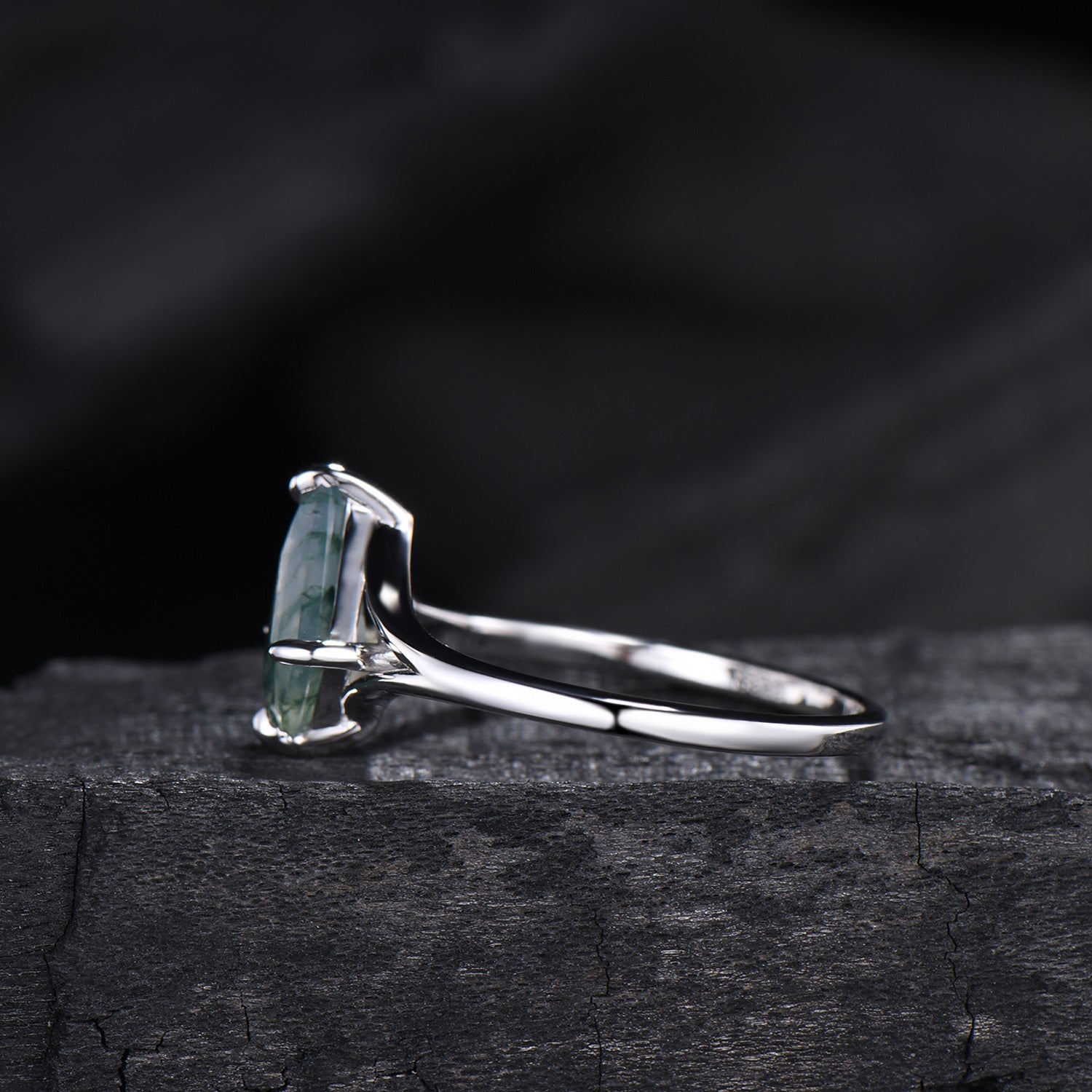 Kite Cut Moss Agate Engagement Ring | Split Shank Minimalist Promise Ring