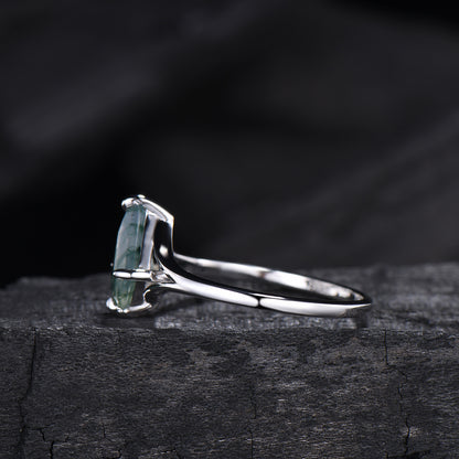 Kite Cut Moss Agate Engagement Ring | Split Shank Minimalist Promise Ring