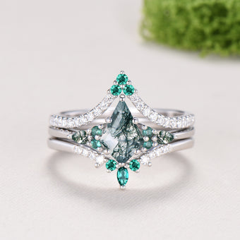 Kite Cut Moss Agate Engagement Ring Set, 14K White Gold Emerald Wedding Set