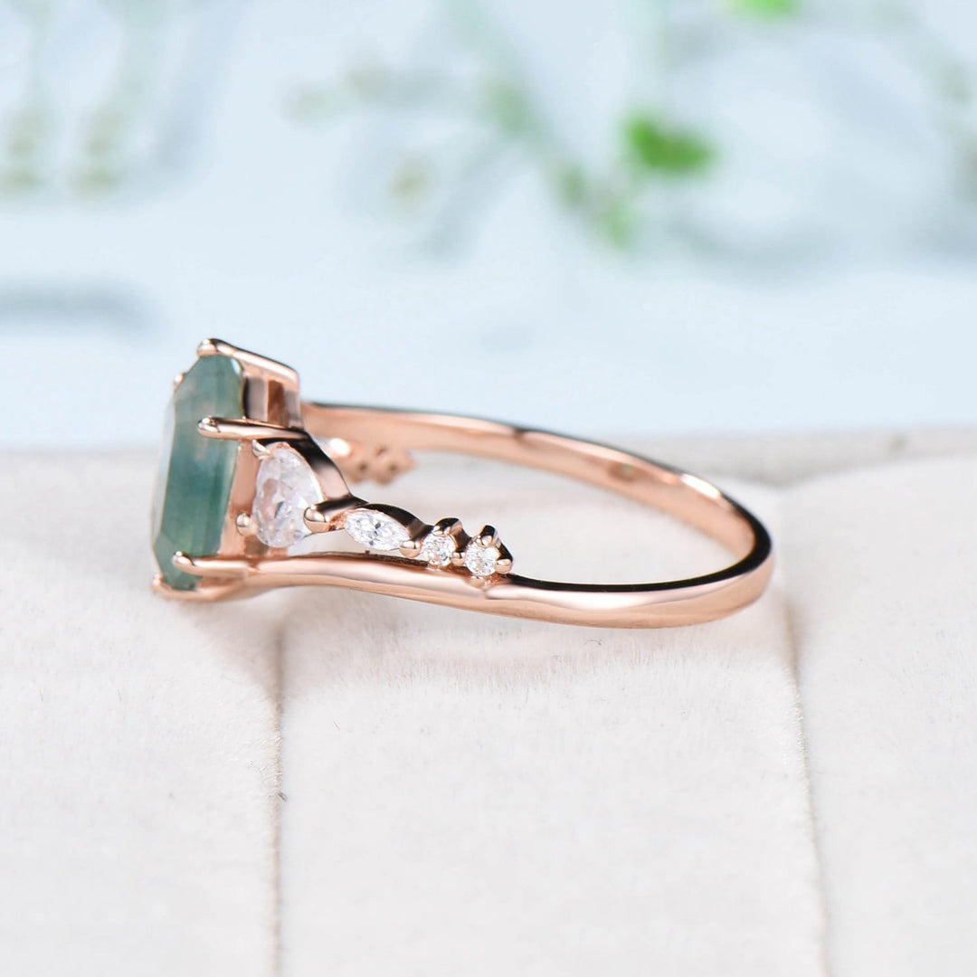 Unique Long hexagon cut moss agate ring Vintage Green Agate engagement ring Heart moissanite Infinity wedding ring proposal gifts for women - PENFINE