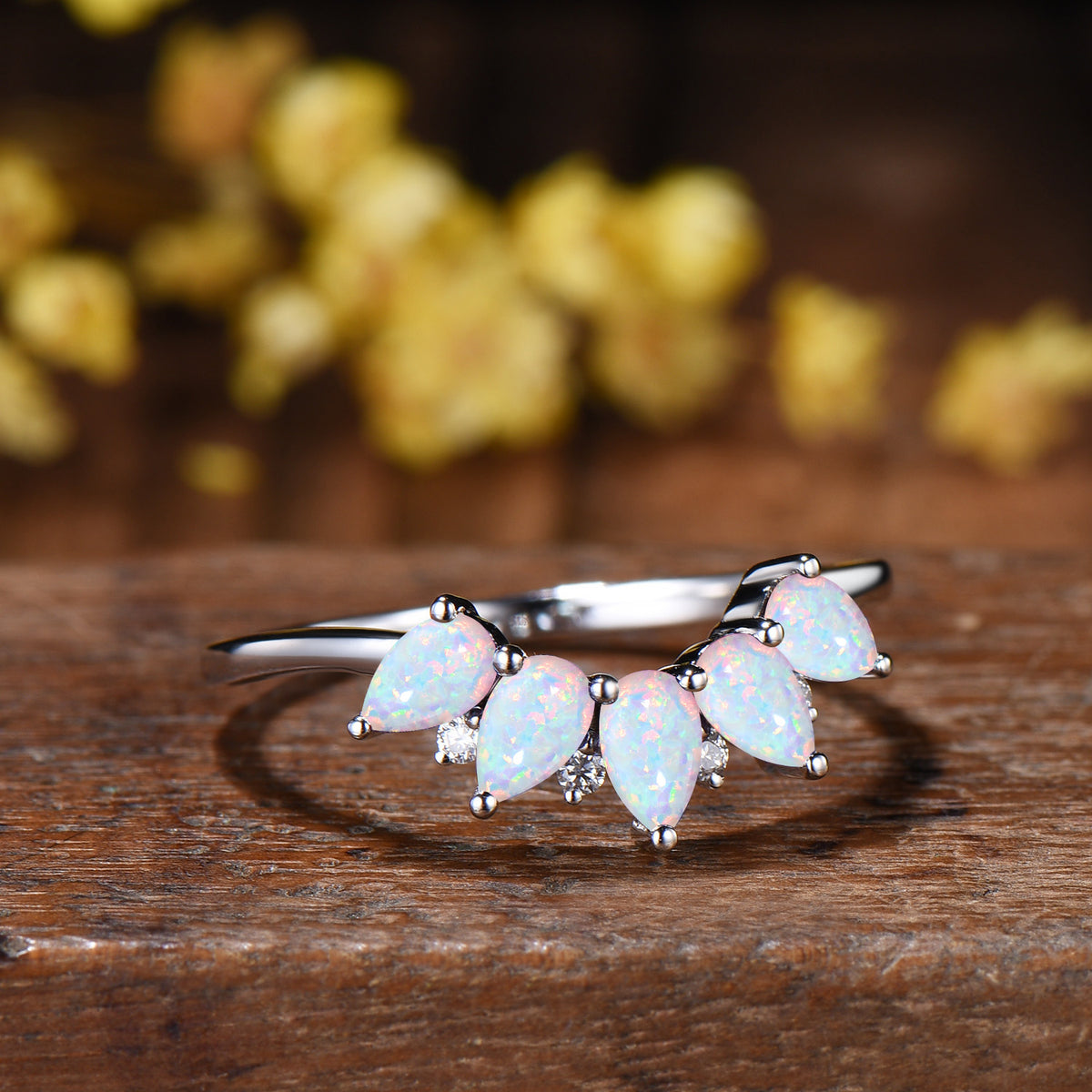Vintage White Fire Opal Wedding Band, Curved Stacking Ring, 14K Rose Gold Five Stone
