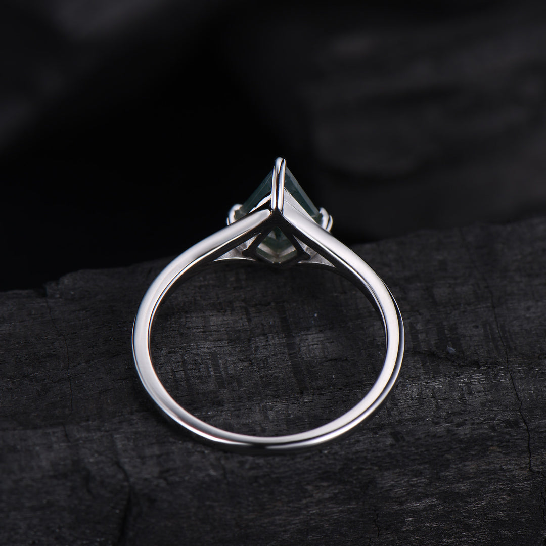 Kite Cut Moss Agate Engagement Ring | Split Shank Minimalist Promise Ring