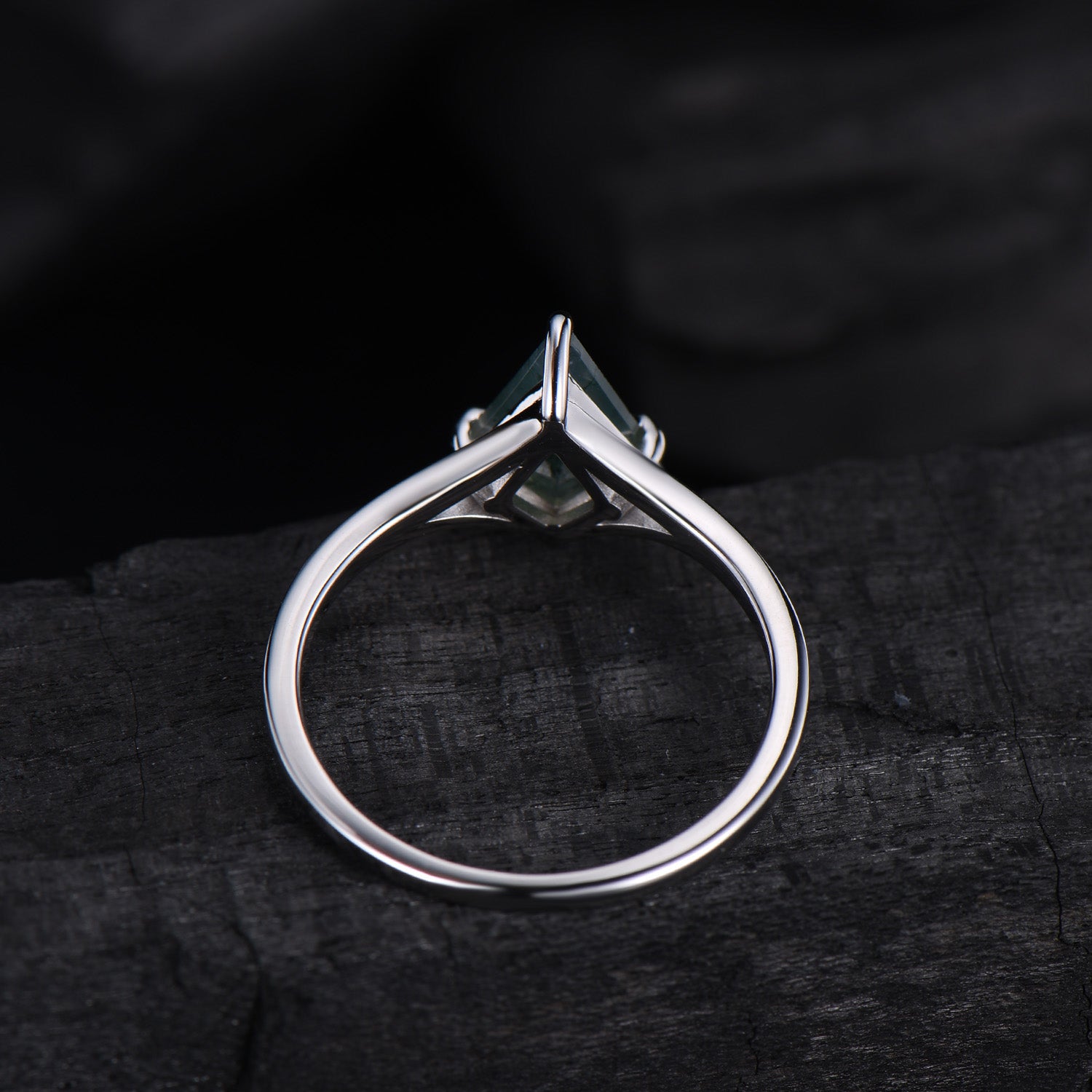 Kite Cut Moss Agate Engagement Ring | Split Shank Minimalist Promise Ring