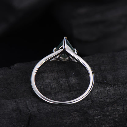 Kite Cut Moss Agate Engagement Ring | Split Shank Minimalist Promise Ring