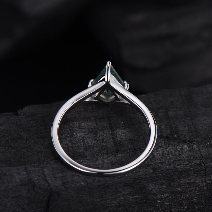 Kite Cut Moss Agate Engagement Ring | Split Shank Minimalist Promise Ring