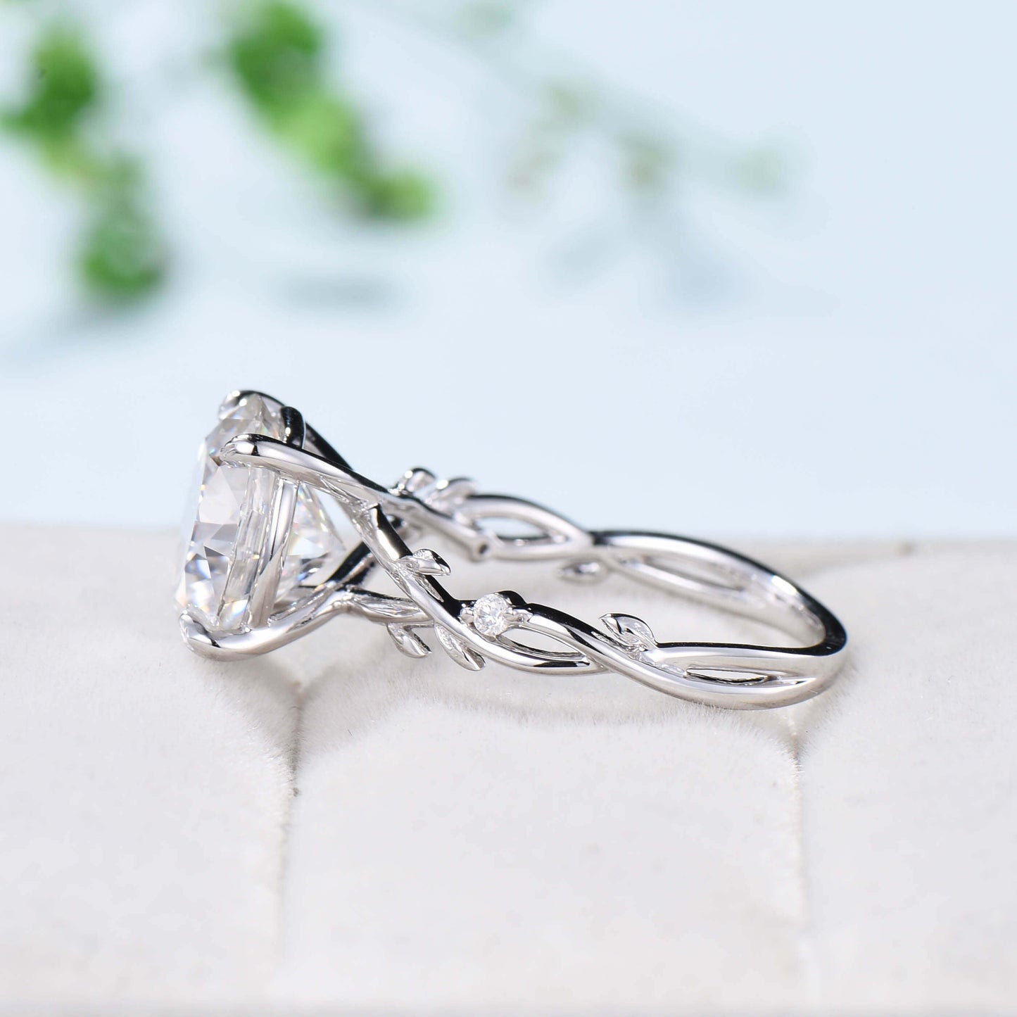 10mm Round Brilliant Moissanite ring Leaf Branch Big 4CT Moissanite Engagement Ring 18K White Gold Nature Inspired Unique Twig Wedding Ring - PENFINE