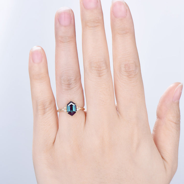 Octavia elongated hexagon alexandrite engagement ring cluster opal 14k yellow gold wedding ring for women Color change anniversary gift - PENFINE