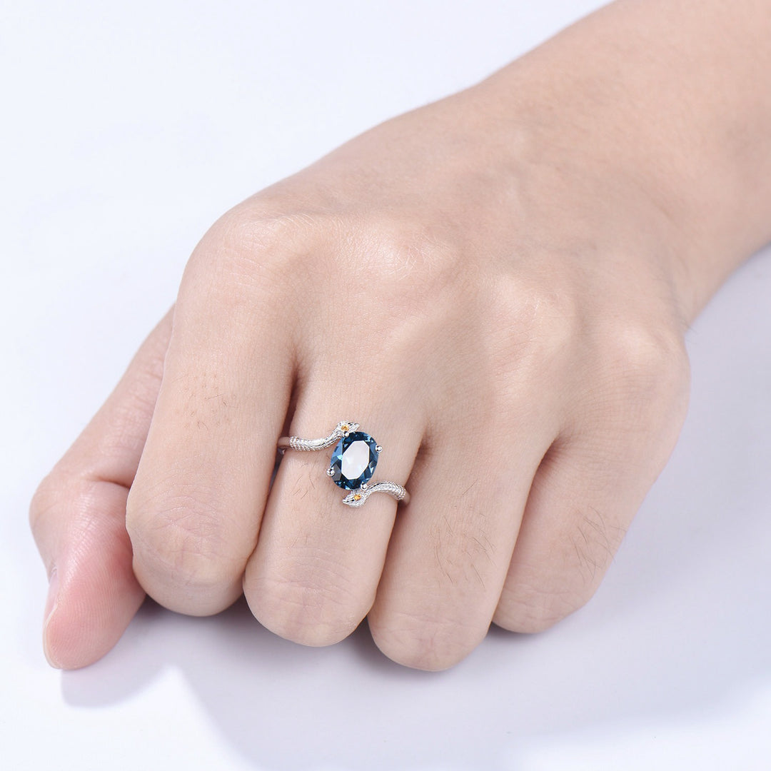 Snake Ring: London Blue Topaz, Citrine, Handmade Gold Anniversary Ring - PENFINE