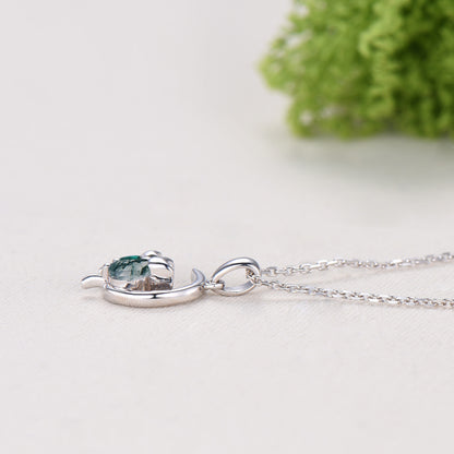 Dainty cat moss agate necklace silver white gold moon family green emerald pendant personalized Fine Jewelry