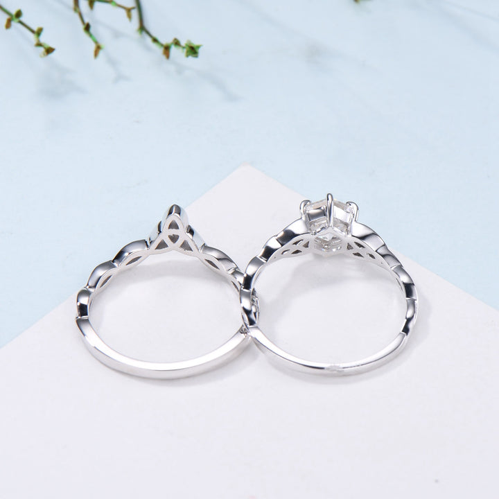 Norse Viking Hexagon Moissanite Ring Set Celtic Love Knot Moissanite Engagement Ring White Gold Unique Twisted Wedding Ring Set For Women - PENFINE
