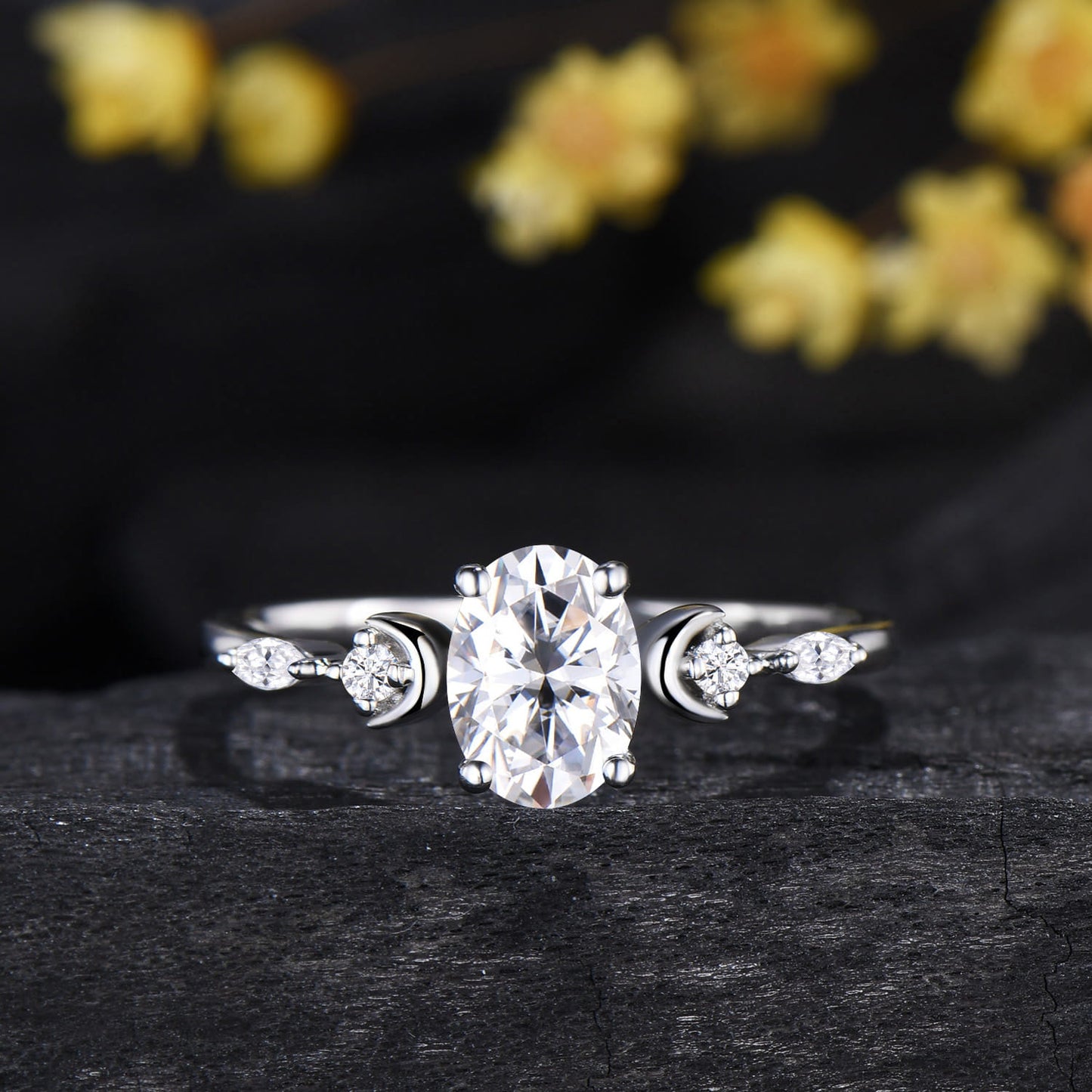 Oval Cut Moissanite Moon 5 Stone Engagement Ring Diamond White Gold Ring Set