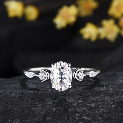 Oval Cut Moissanite Moon 5 Stone Engagement Ring Diamond White Gold Ring Set