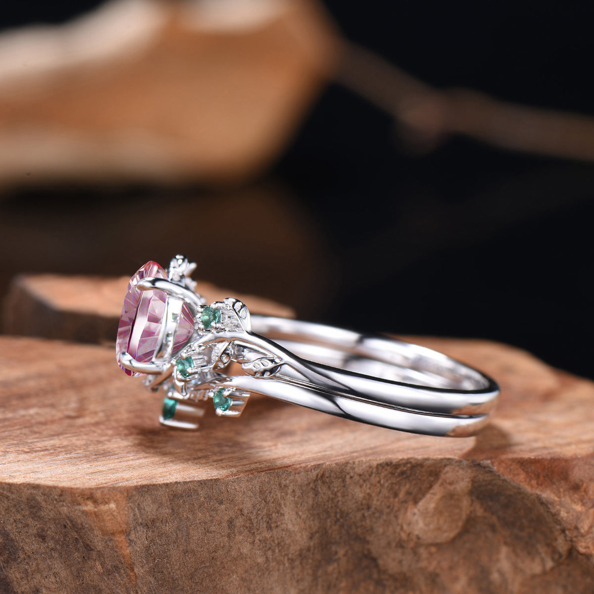 1.5CT Fantasy Cut Padparadscha Sapphire Leaf Bridal Set Emerald Nature Inspired Ring