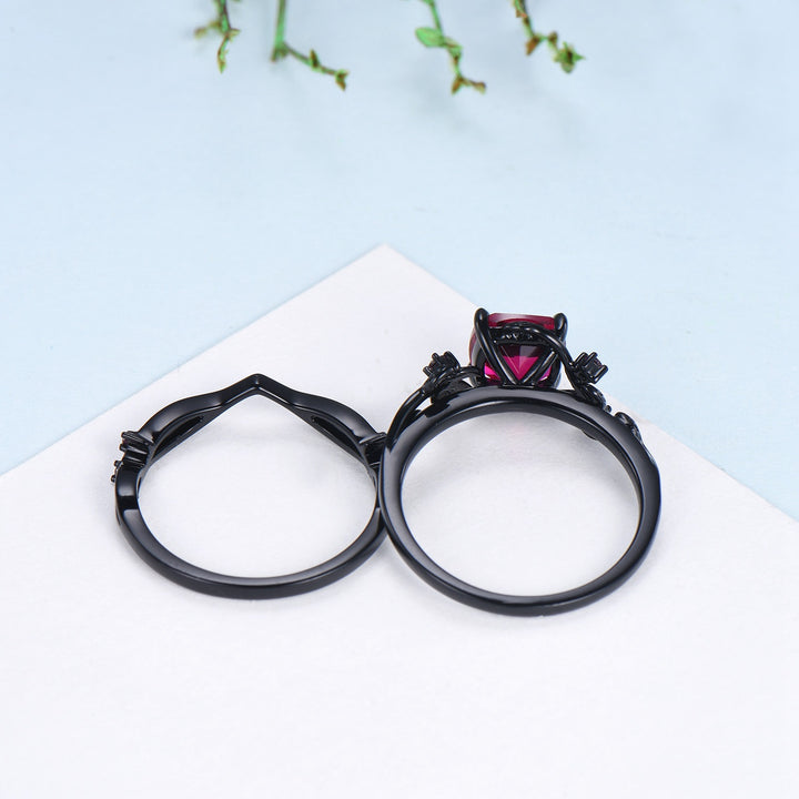 Unique gothic cushion cut ruby wedding ring set black gold natural inspired ruby engagement ring for women unique July birthstone bridal set - PENFINE
