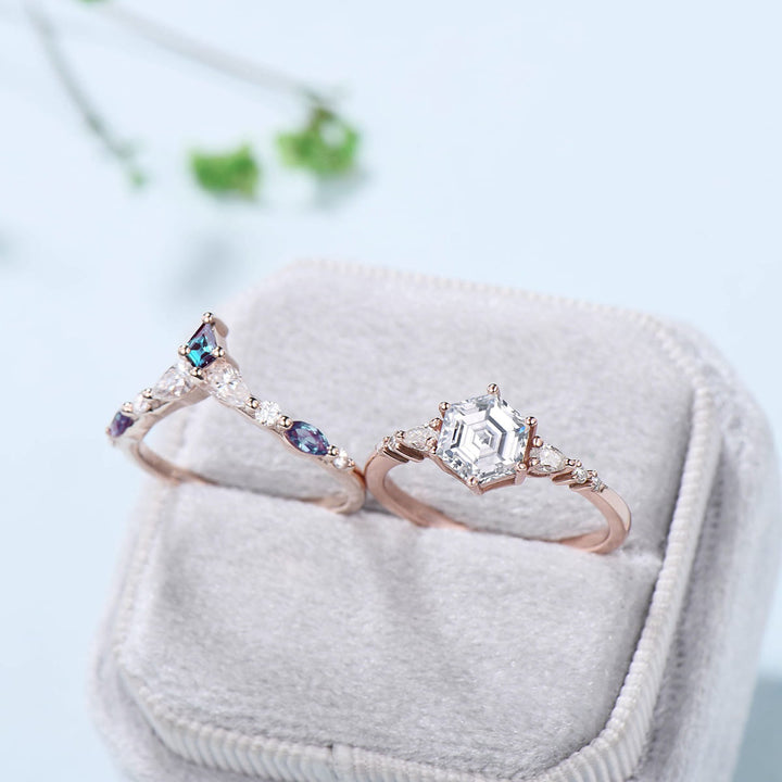 Hexagon moissanite engagement ring set art deco rose gold unique vintage engagement ring pear moissanite kite alexandrite wedding ring set - PENFINE