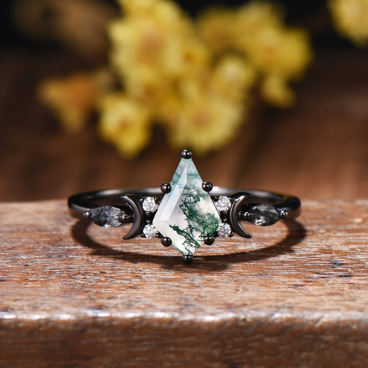 Kite Cut Moss Agate Moon Engagement Ring: Black Gold Accent Black Rutilated Quartz Band