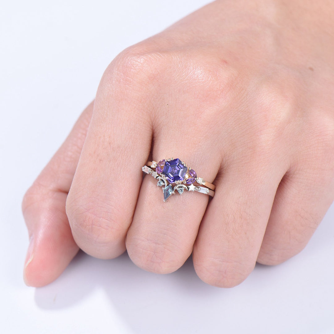 Unique Hexagon Purple Sapphire engagement ring set- moon star curved alexandrite wedding band - PENFINE