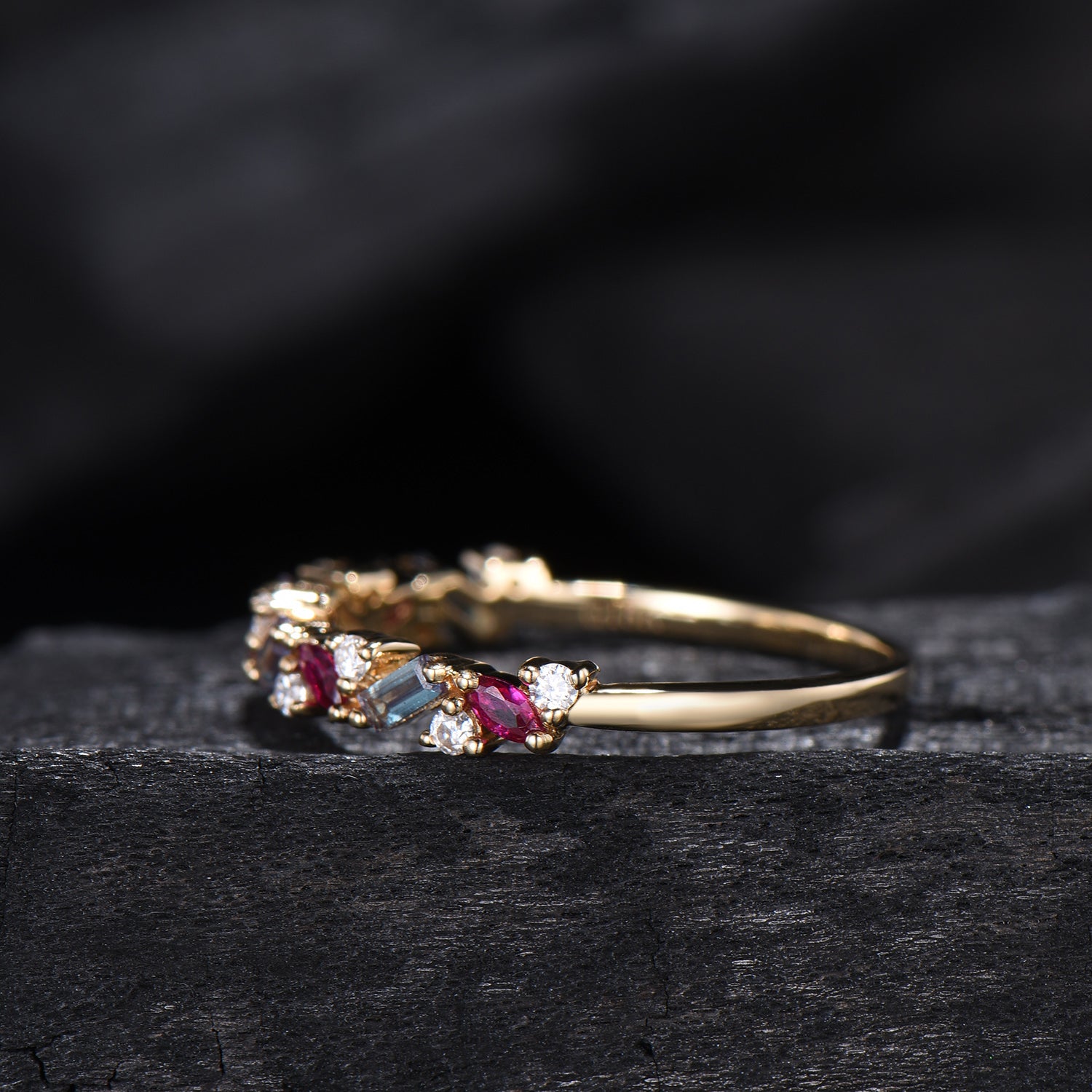 Vintage Alexandrite Ruby Eternity Wedding Band Women Unique Baguette Alexandrite Stackable Ring Marquise Ruby Matching Band Anniversary Gift