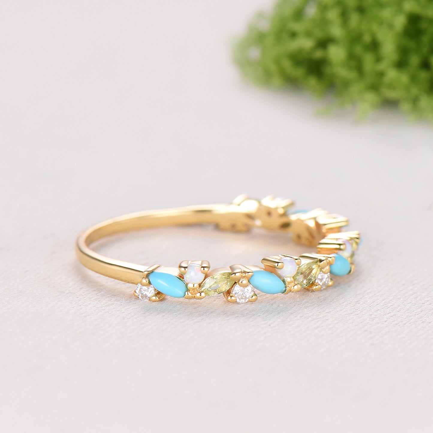 Vintage Yellow Gold Turquoise Opal Wedding Band, Peridot Moissanite Stacking Ring
