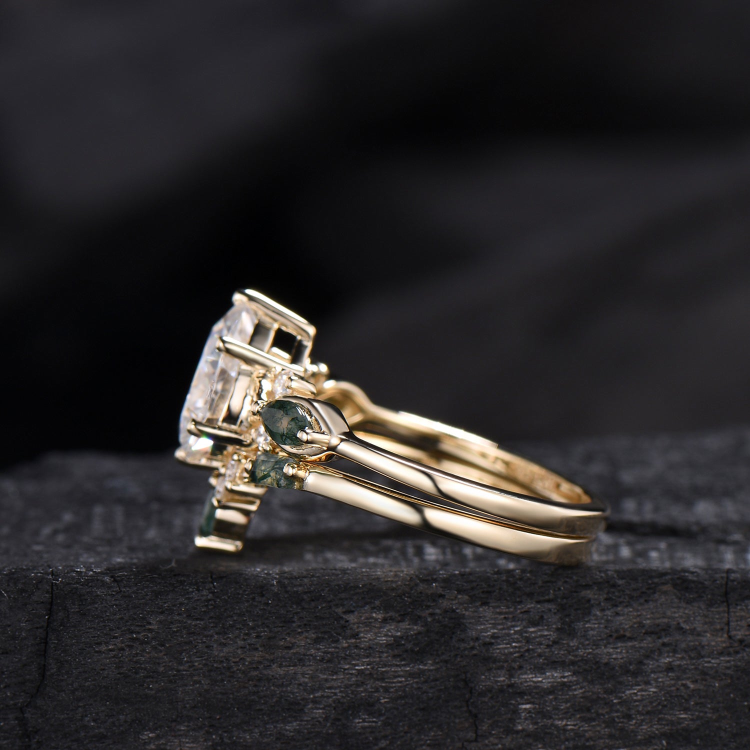 Vintage Pear Shaped Lab Grown Diamond Engagement Ring Set Marquise Moss Agate Wedding Ring Set