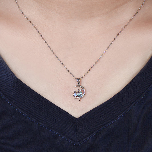 Dainty cat alexandrite moonstone necklace cute silver white gold moon family pendant personalized Two cats lying on the moon rocking chair