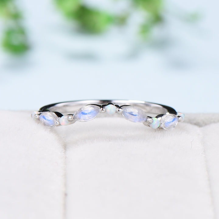 Vintage Curved Moonstone Opal Wedding Band Marquise Cut Crown wedding ring Unique Stacking matching ring Bridal ring Anniversary band - PENFINE