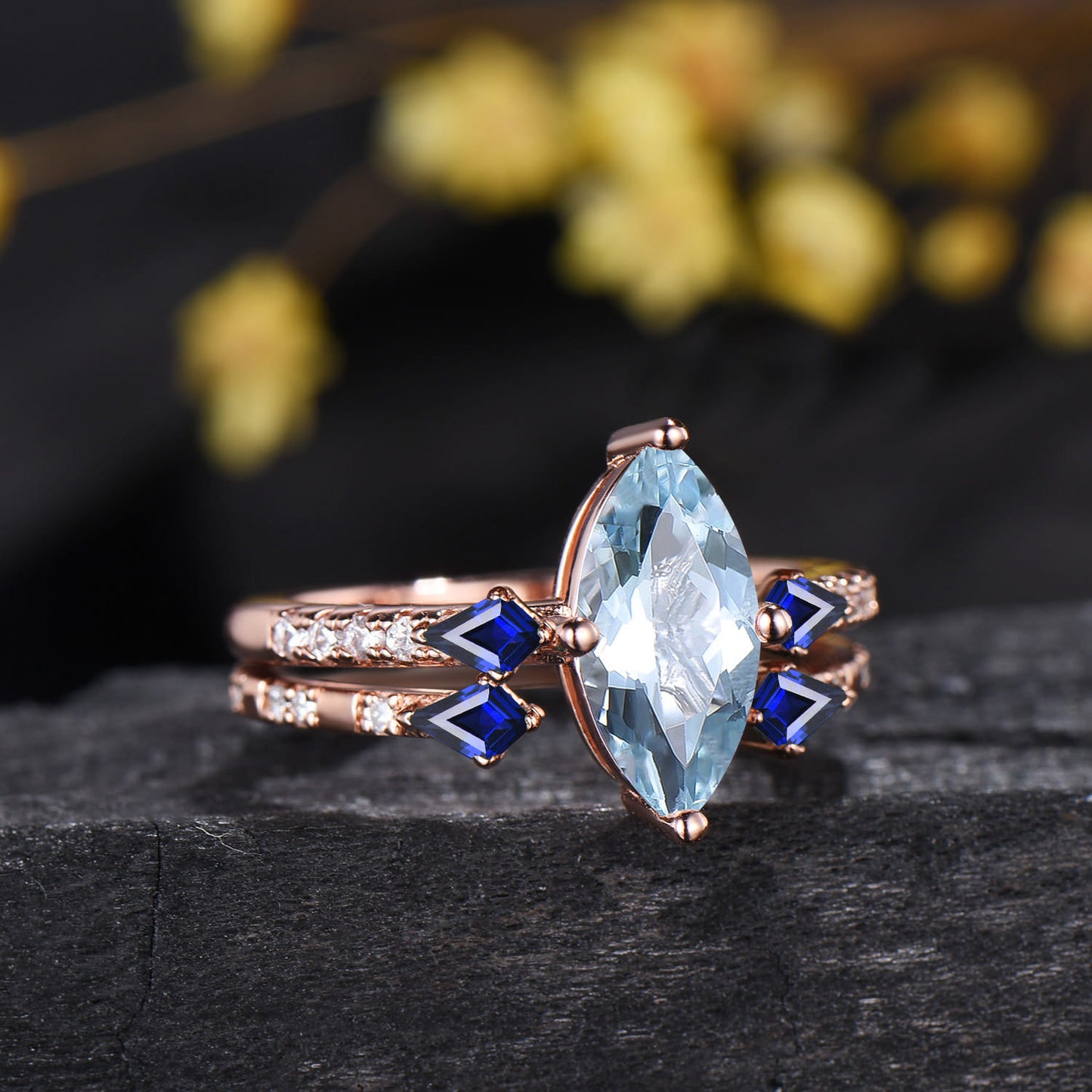 1CT Marquise Cut Natural Aquamarine Engagement Ring Set, March Birthstone Sapphire Wedding Ring Set