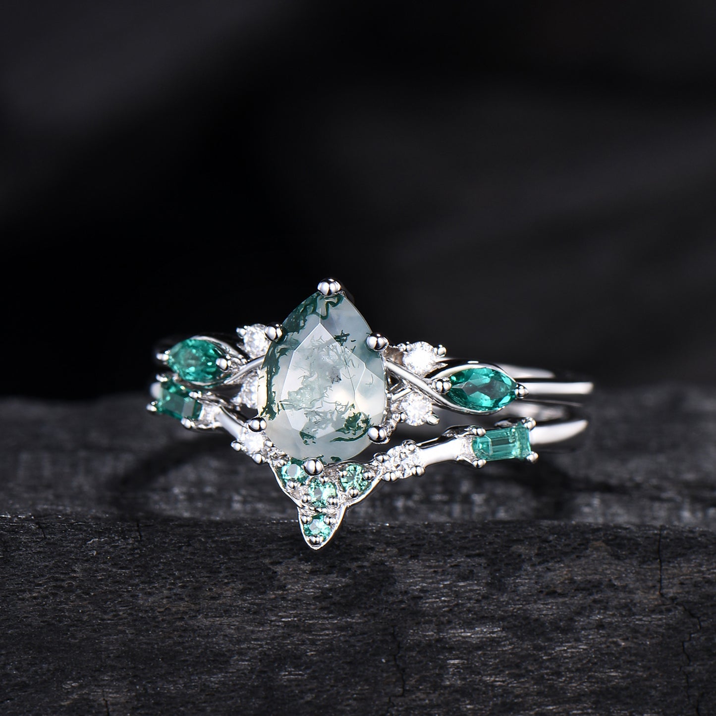 1.25 CT Pear shaped natural moss agate engagement ring rose gold infinity twisted Celtic knot Baguette cut emerald bridal ring set women
