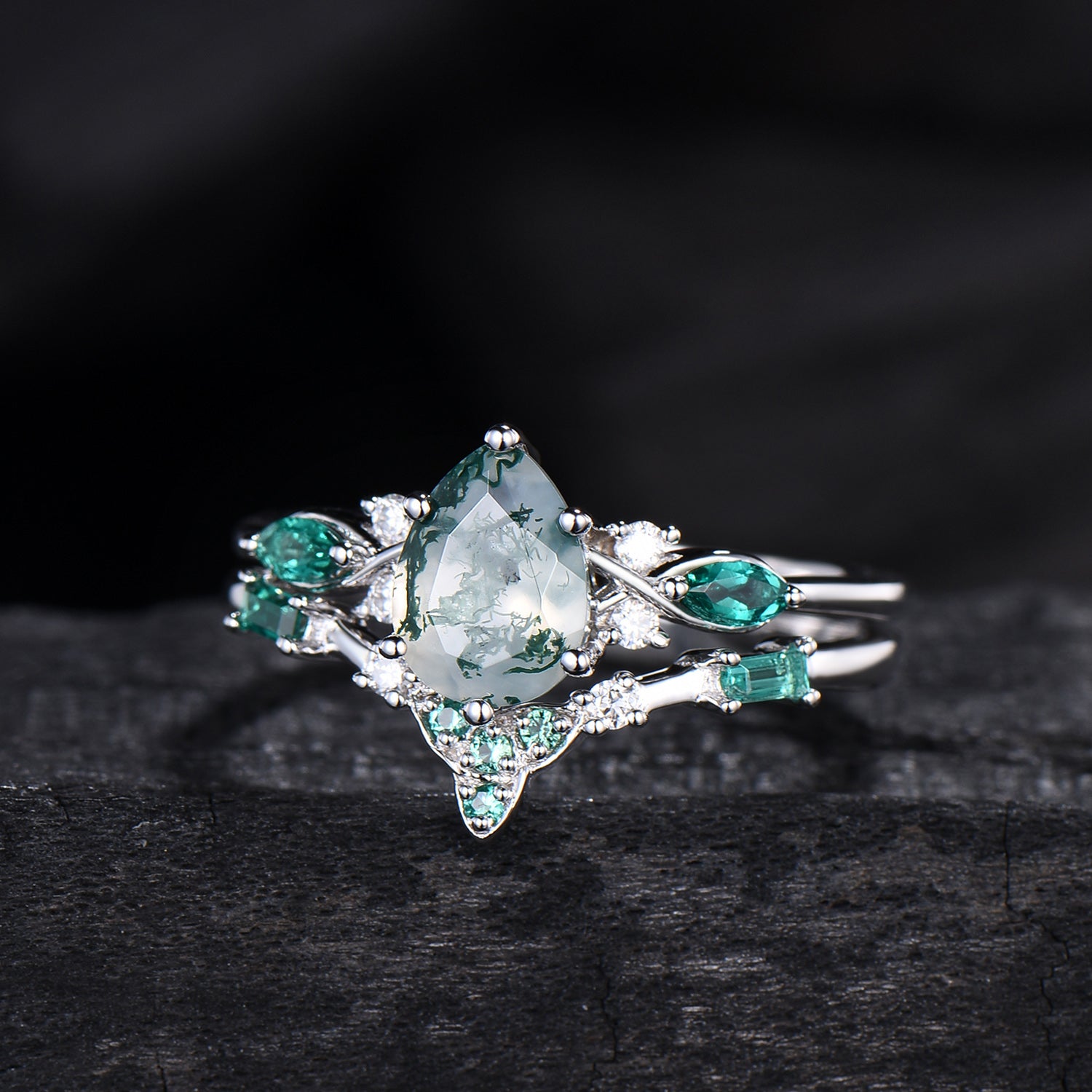 1.25 CT Pear shaped natural moss agate engagement ring rose gold infinity twisted Celtic knot Baguette cut emerald bridal ring set women
