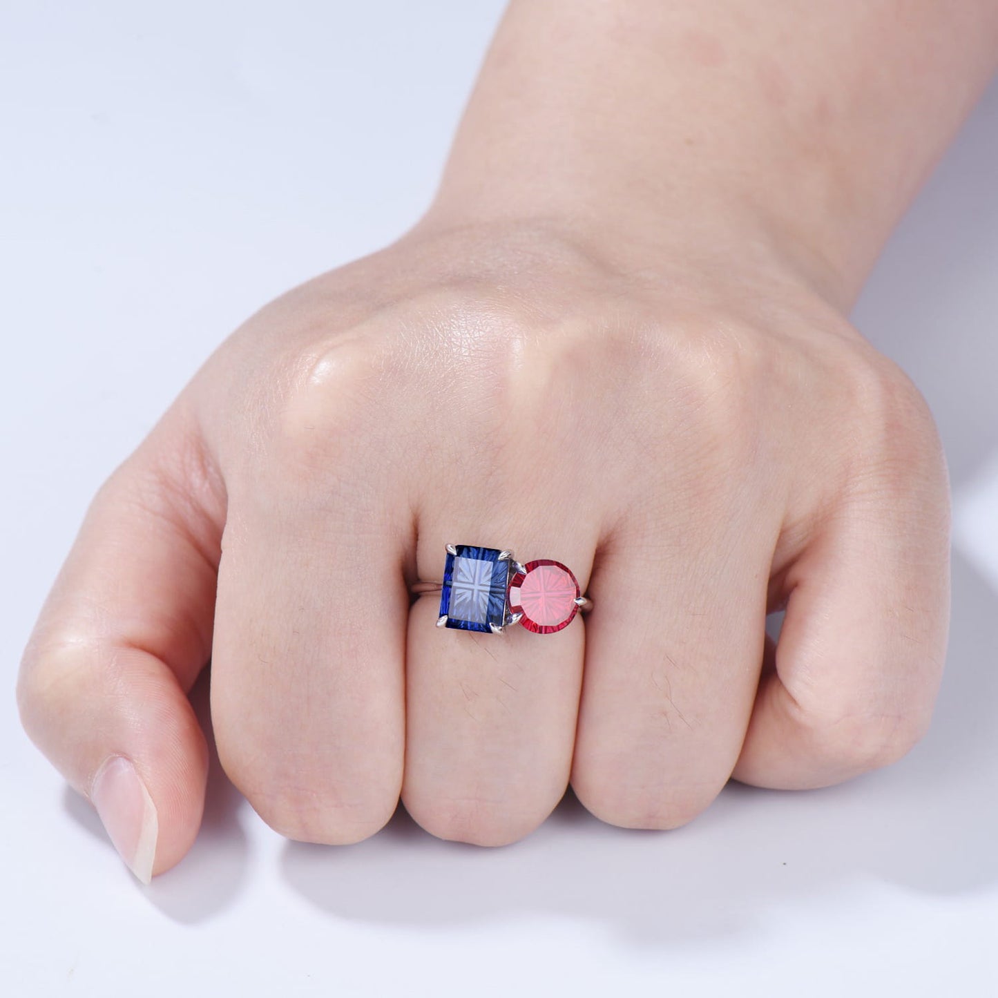 Starburst Cut Toi et Moi Engagement Ring  Emerald Red Ruby and Round Blue Sapphire Promise Ring