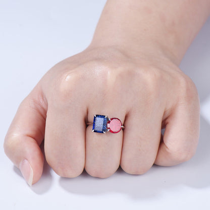 Starburst Cut Toi et Moi Engagement Ring  Emerald Red Ruby and Round Blue Sapphire Promise Ring