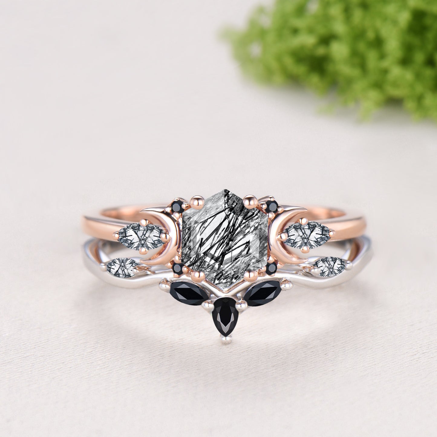 Hexagon Cut Black Rutilated Quartz Moon Celestial Ring Set Spinel Curved Band