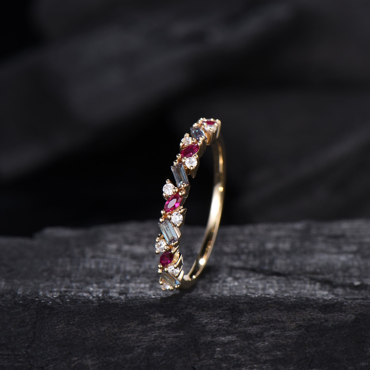 Vintage Alexandrite Ruby Eternity Wedding Band Women Unique Baguette Alexandrite Stackable Ring Marquise Ruby Matching Band Anniversary Gift