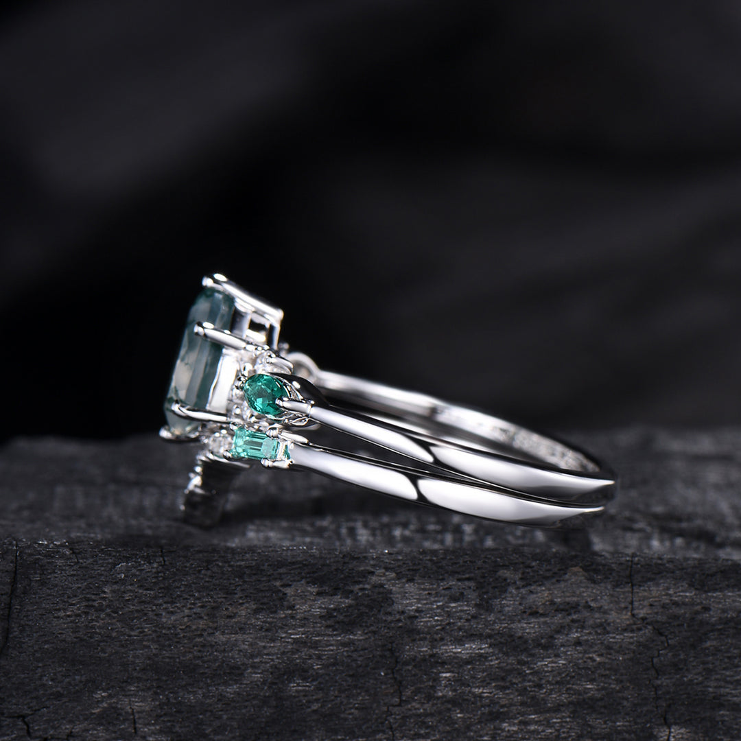 1.25 CT Pear shaped natural moss agate engagement ring rose gold infinity twisted Celtic knot Baguette cut emerald bridal ring set women
