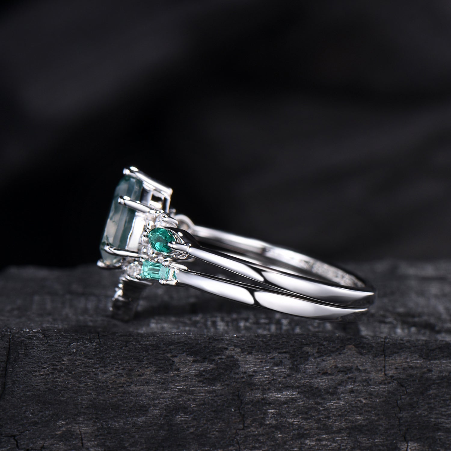 1.25 CT Pear shaped natural moss agate engagement ring rose gold infinity twisted Celtic knot Baguette cut emerald bridal ring set women
