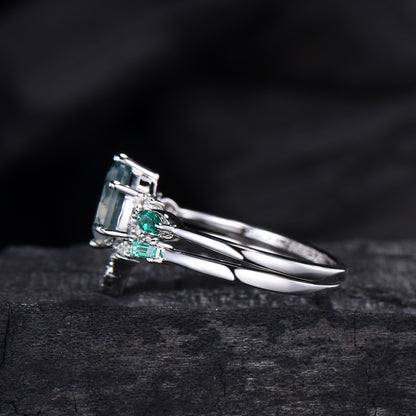1.25 CT Pear shaped natural moss agate engagement ring rose gold infinity twisted Celtic knot Baguette cut emerald bridal ring set women