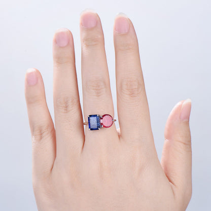 Starburst Cut Toi et Moi Engagement Ring  Emerald Red Ruby and Round Blue Sapphire Promise Ring