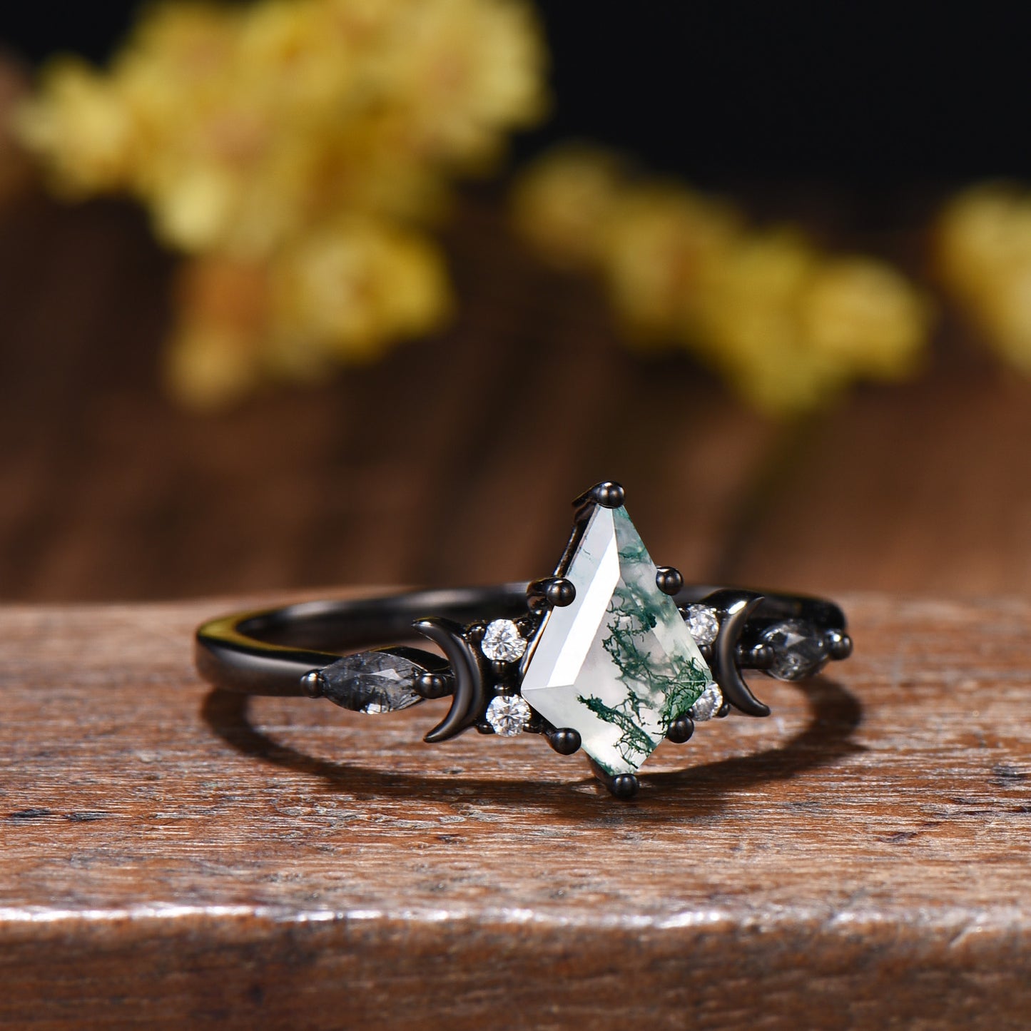 Kite Cut Moss Agate Moon Engagement Ring: Black Gold Accent Black Rutilated Quartz Band