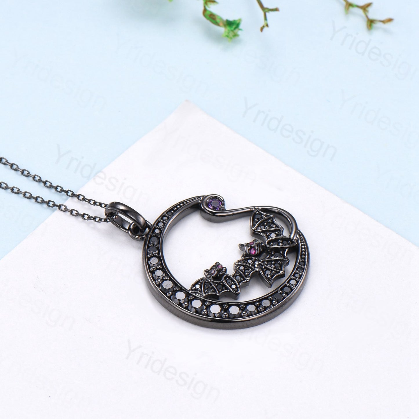 Unique Black Gold Night Moon Bat Gothic Pendant Necklace Magic Crescent Moon Amethyst Black Spinel Necklace Halloween Anniversary gift Women - PENFINE