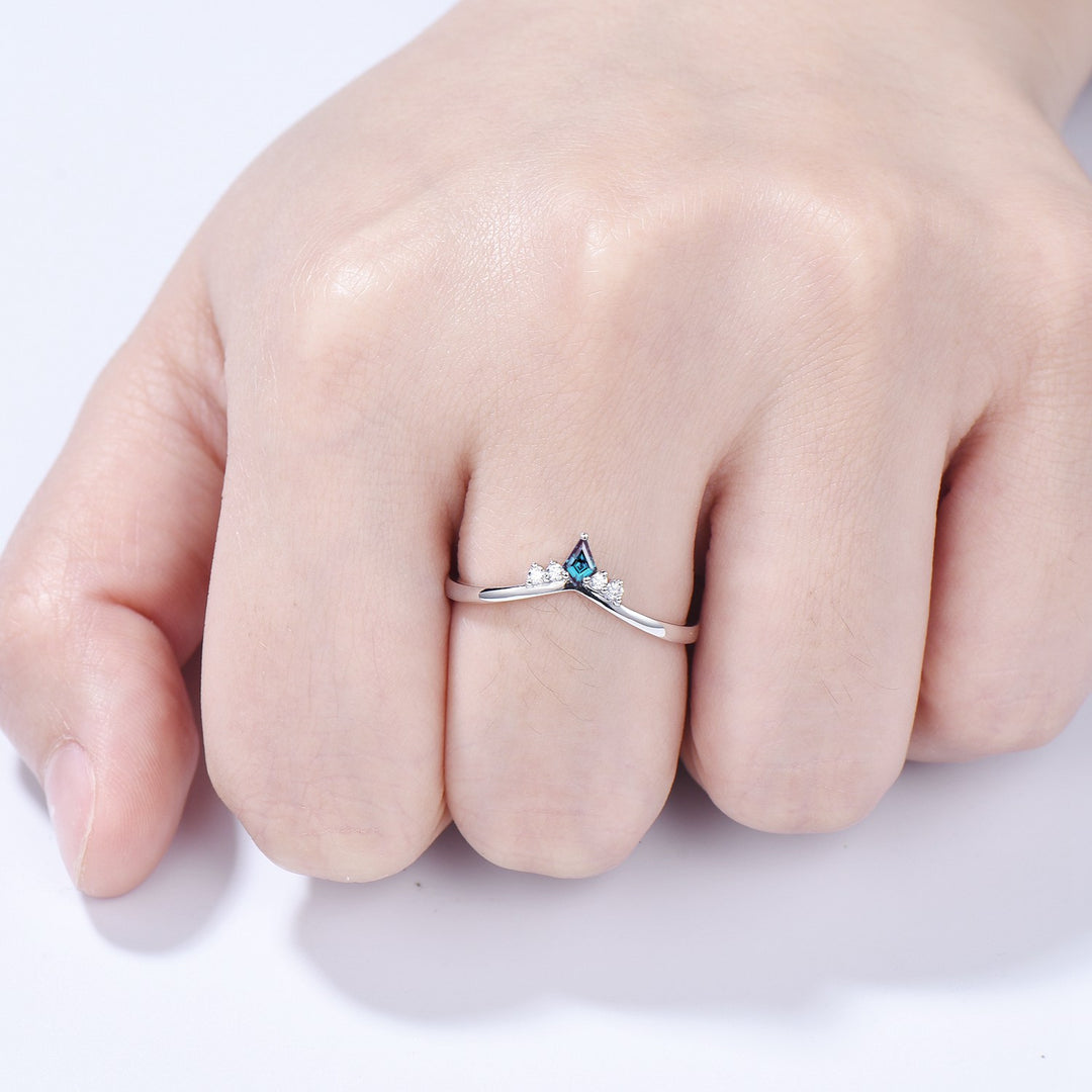 Dainty Curved Alexandrite Wedding Ring Women Kite Alexandrite Stacking Band Moissanite  Anniversary Ring Art Deco June Promise Ring For Her - PENFINE