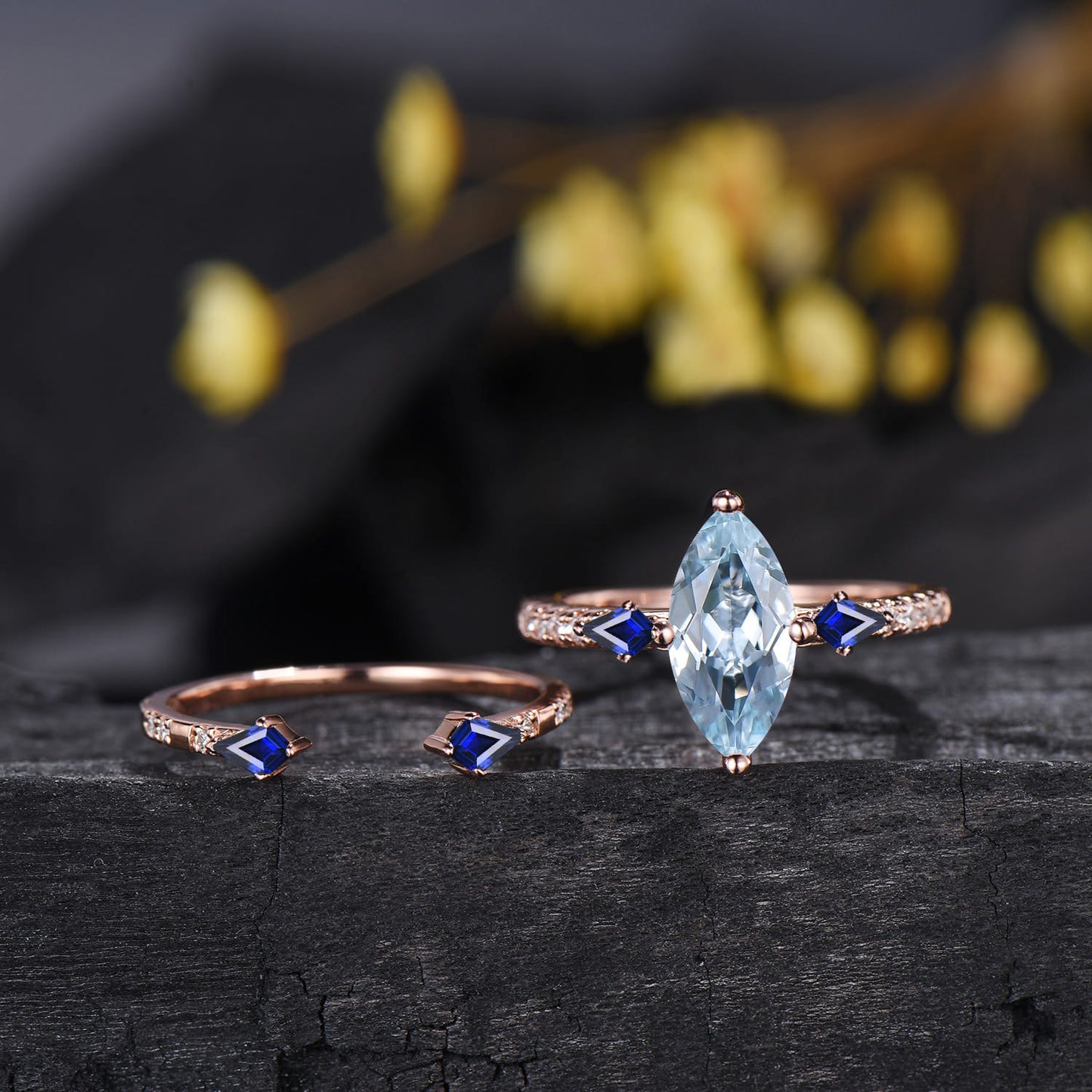 1CT Marquise Cut Natural Aquamarine Engagement Ring Set, March Birthstone Sapphire Wedding Ring Set